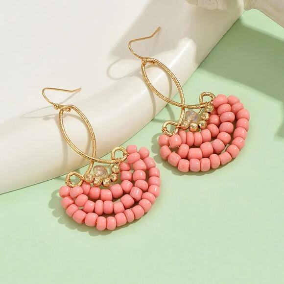 Beaded Boho Earrings Pink Beachy Vacation Resort Romantic Best Seller - Picture 7 of 7